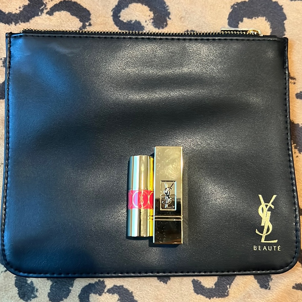 2 travel size YSL lipsticks with YSL beauty bag